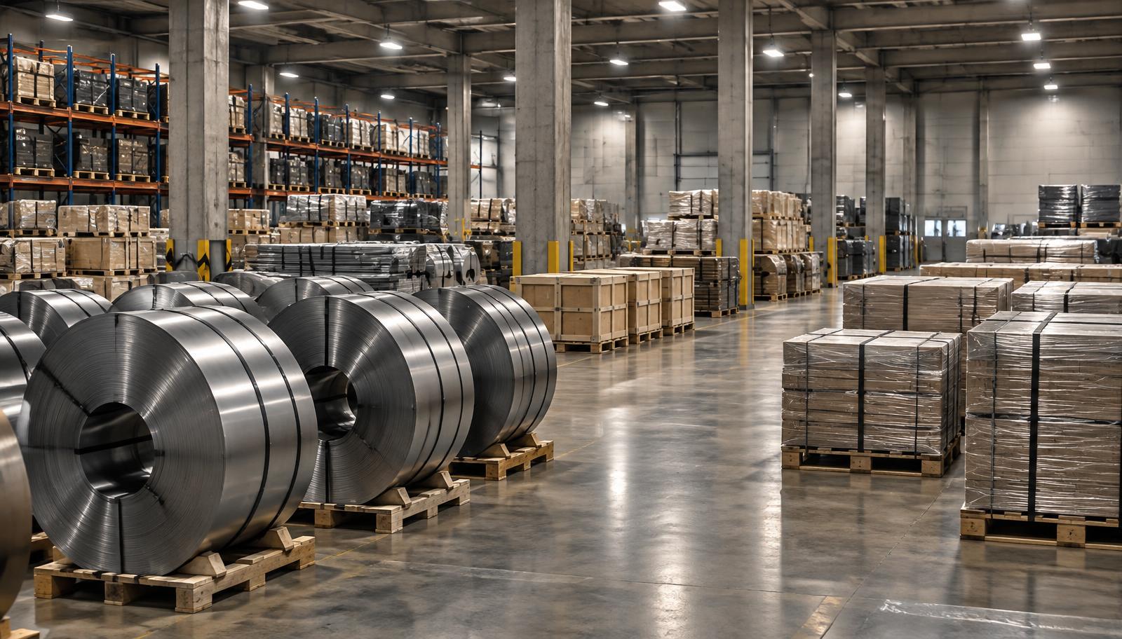Consolidation warehouse with palletised industrial goods and steel coils staged for export
